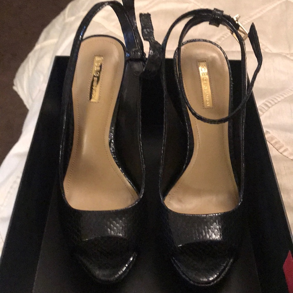 Black open toe ankle straps heels